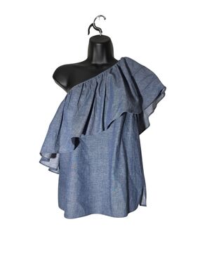 🍒 ​NWT BCBGMAXAZRIA One Shoulder Ruffle Top Linen Blend Blue Chambray XS